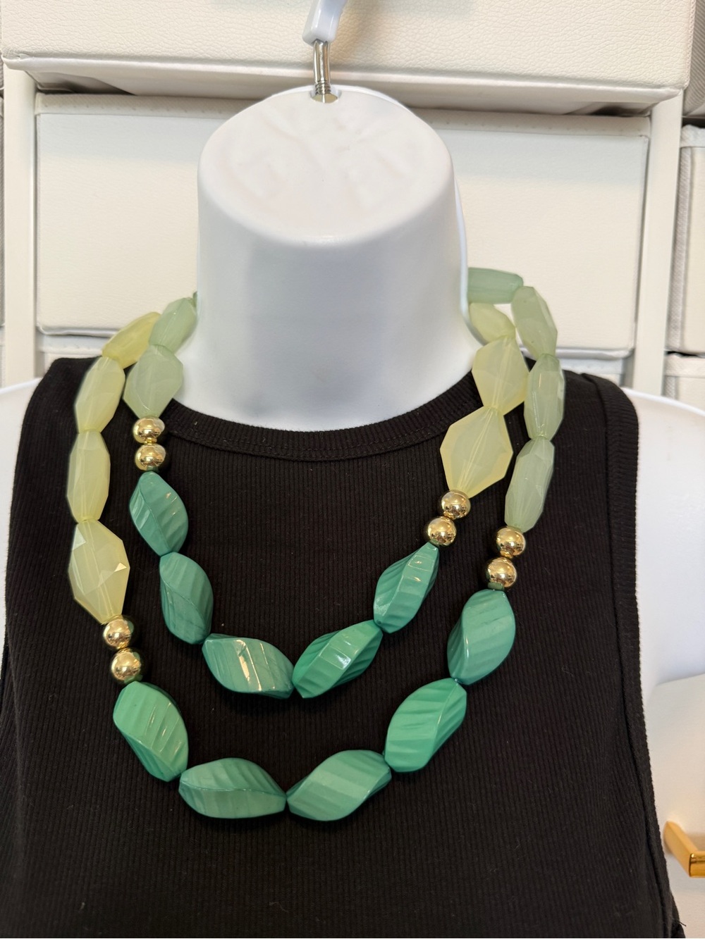 Double Strand Green and Pale Yellow Bead Necklace with Gold Accents